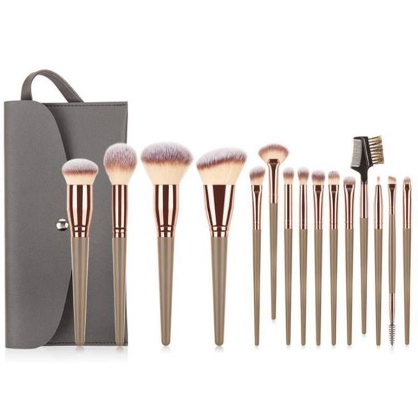15 Piece Professional Makeup Brushes Kit with case Champagne Gold