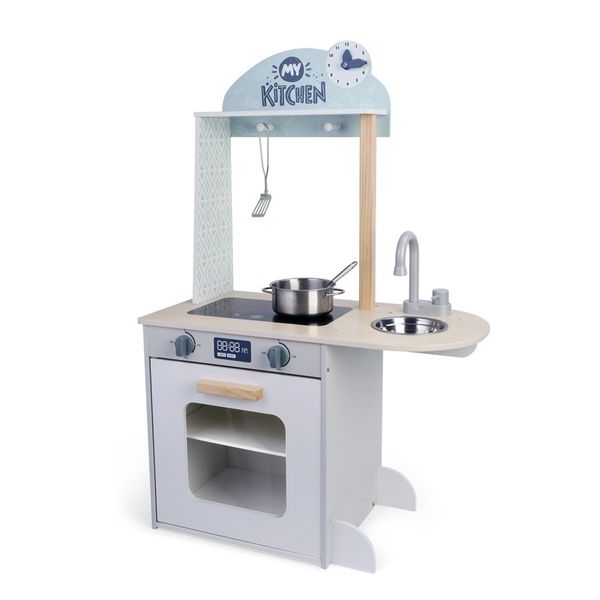 Doll Central Wooden Play Kitchen with 4 Cookware Accessories for Ages 3+