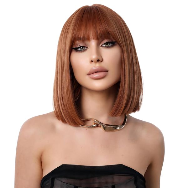 Women's Orange Bob Wig Short Straight Wig with Full Bangs