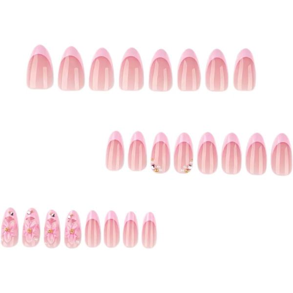 3D Flower Manicure, Short Almond False Nails, French Pink False Nails