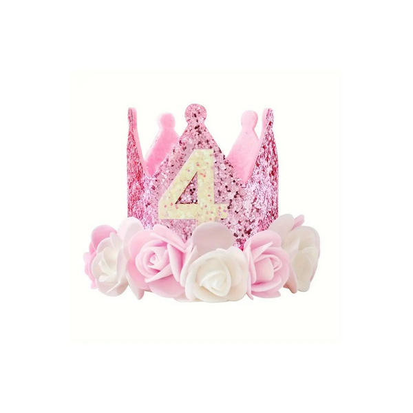 Pink and White Princess 4th Birthday Floral Felt Party Crown