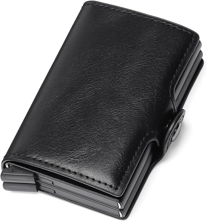 Double Credit Card Holder with RFID Blocking,Pop Up PU Leather Black Wallet