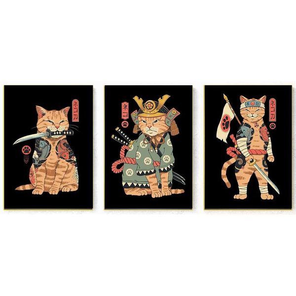 Canvas with Frame: Modern Art - Samurai Cat Combo 3 Piece