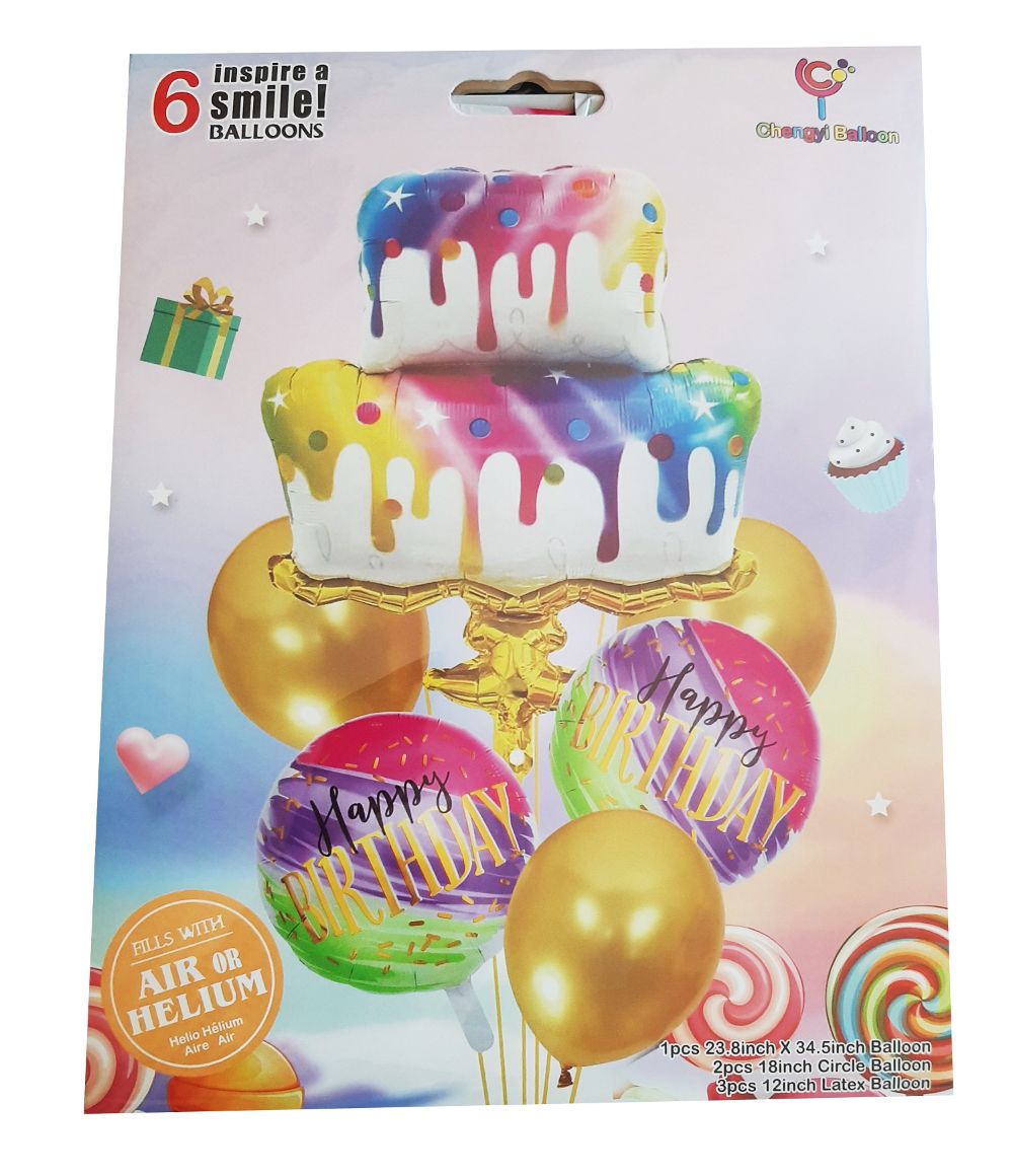 6 Piece Air or Helium Foil Balloon Set Colourful Cake Happy Birthday