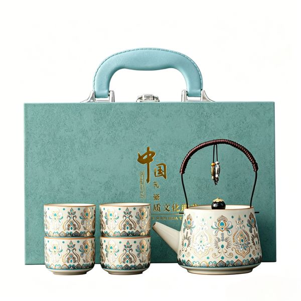 Ru Ware Tea Set with Enamel Painting, Porcelain Teapot Gift Set