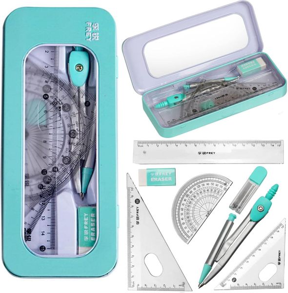 Seven-piece geometry set with compass, ruler, and protractor