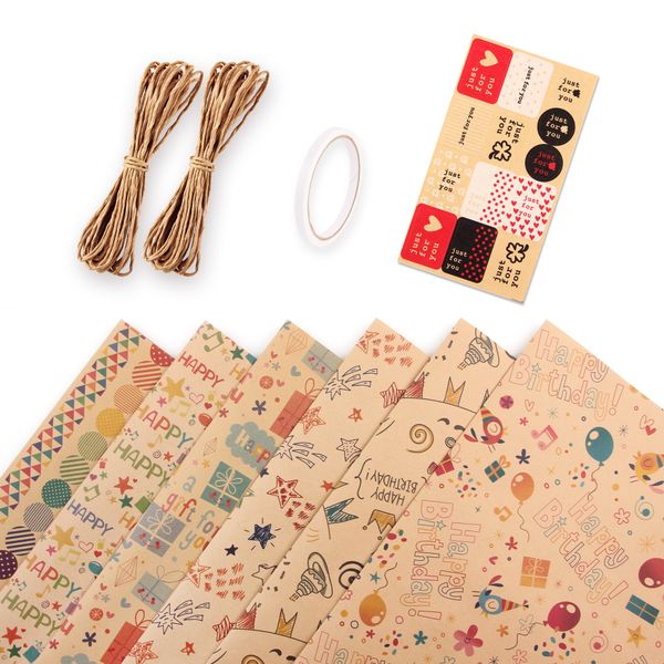 6 Sheets Birthday Gift Kraft Wrapping Paper With Tape Ropes Stickers