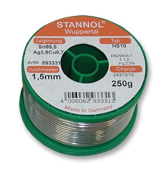 Stannol (631954) Solder Wire, 95.5/3.8/0.7, 0.5mm Diameter, 217°C, 250g