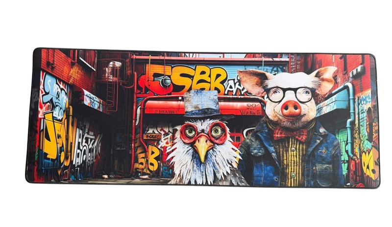 Versatile Desk/Kitchen/Bar Mat - Rooster &amp; Pig with Graffiti