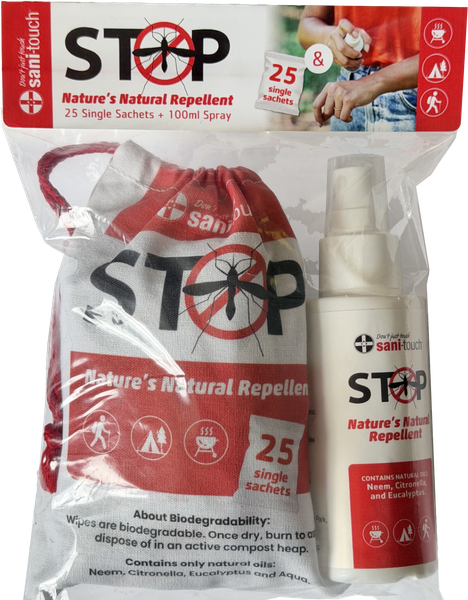 STOP MOZZIE Nature's Natural Repellent, 100ml Spray with 25 Single Sachets