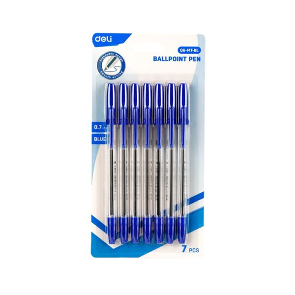 Deli Ballpoint Pen 0.7mm Blue Ink Transparent Barrel Blister Card 7's