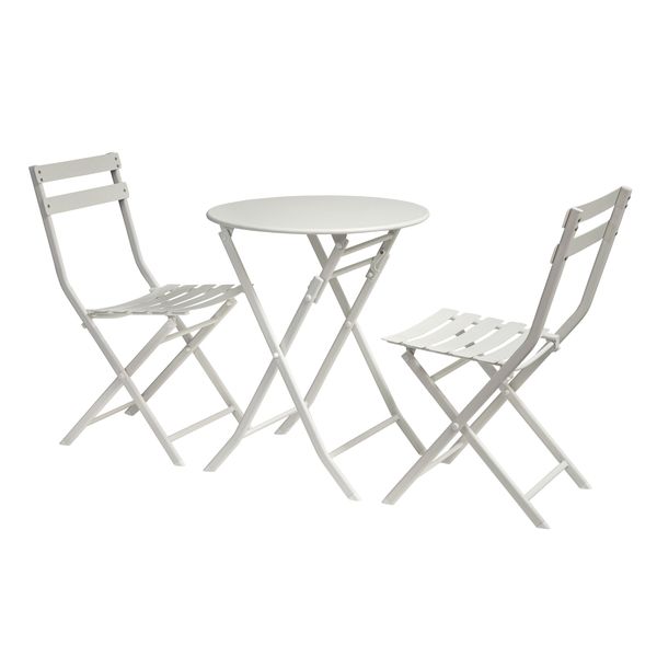 3-Piece White Folding Outdoor Patio Bistro Set - Metal Table with Chairs