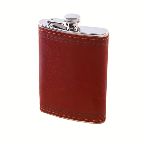 245ml Stainless Steel Portable Wine Flask Wine Jug - Red Leather Covered