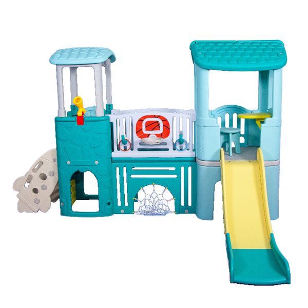 Turquoise and Yellow Outdoor Jungle Gym with Hoop and Soccer Net 1-2 yrs