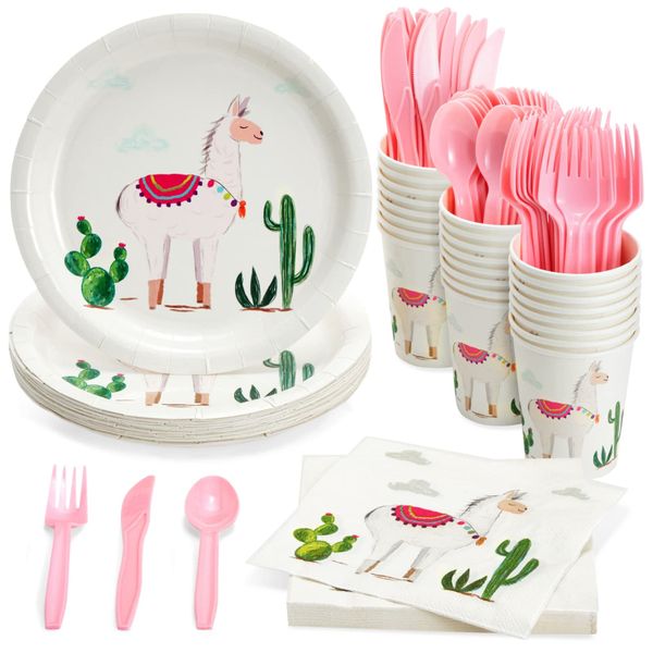 Topika - 144-Piece Llama Birthday Party Plates and Tableware Set for 24 Guests