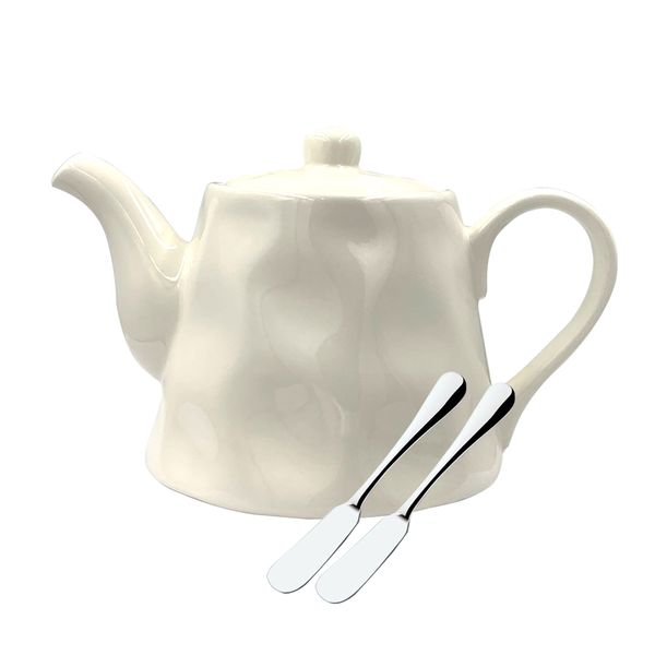 Fine Serving Ceramic Tea Pot with Stainless Steel Butter Spreader - 3 Piece
