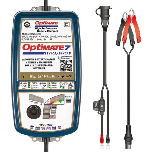 OptiMate 7 TM-260 (8-Step 12V &amp; 24V Battery Charger (10A/5A), Maintainer &amp; Recovery) - High-Performance &amp; Rated for 24/7 Use