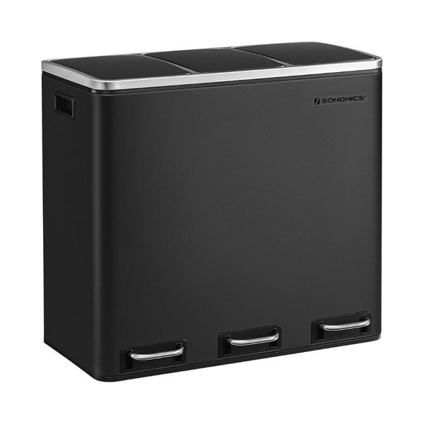 Songmics Triple Compartment Pedal Trash Bin with Bags - Black