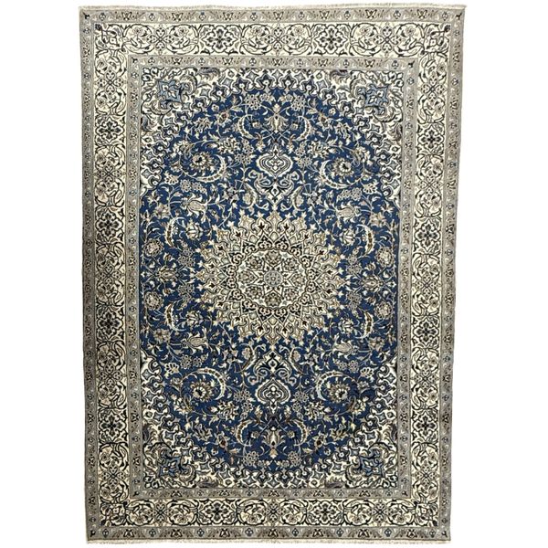 286 L x 196 Wcm Hand Knotted Blue And Beige Persian Nain Silk &amp;Wool Carpet