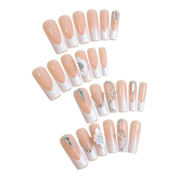 24 Piece Long Square Press On Nails White French With 3D Butterfly &amp; Flower