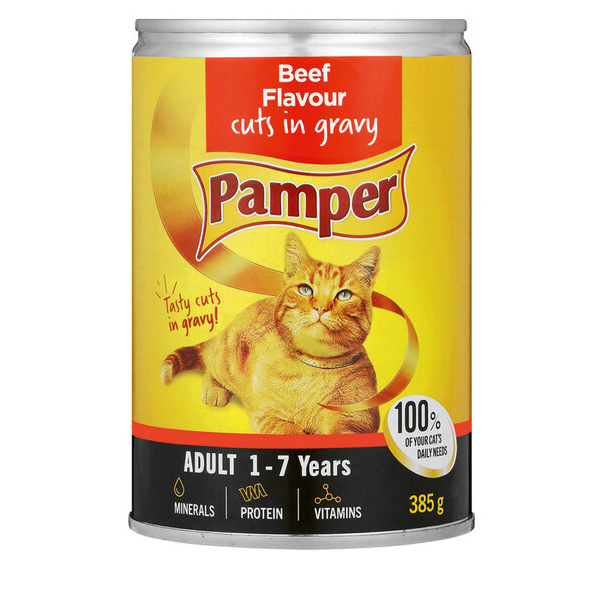 Pamper Beef Flavour Cuts in Gravy Cat Food (12 cans x 385g)