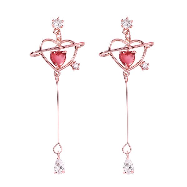 Pink Heart Zircon Drop Earrings Long Love-Shaped Dangle Jewelry