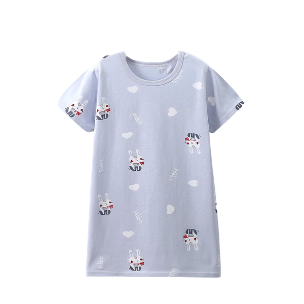 Grey Girls Cotton Summer Pyjama/Sleepwear Dress with Cute Bunny