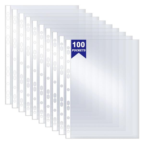 100 Pieces - A4 Size Extra Strong Top Opening Punched Pockets 40 Micron