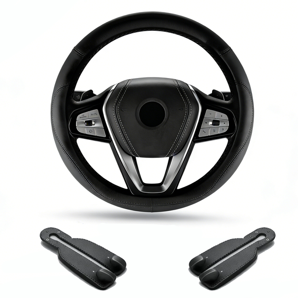 HAOYI 15-Inch Microfiber Leather Steering Wheel Cover + Double Hook Set