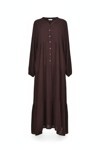 Tiered Button-Front Modest Maxi Dress with Long Sleeves Abaya Style - Brown