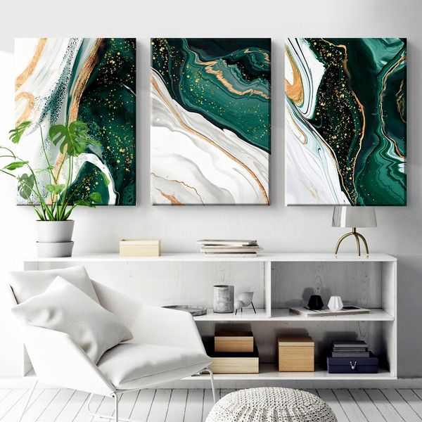 Green Nordic Marble Abstract 3 Piece Canvas Print Wall Art Décor