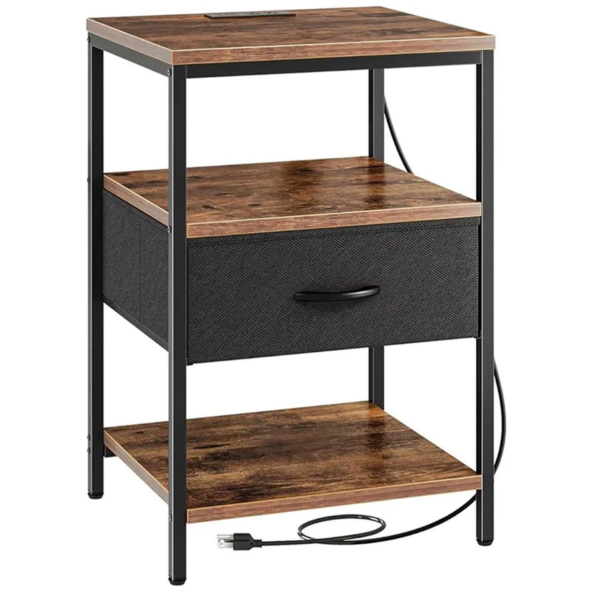 Side Table Nightstand with Charging Station Adjustable Fabric Drawer