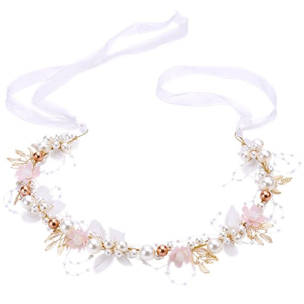 Elegant Pearl &amp; Floral Hair Vine Headpiece With Adjustable Ribbon Tie