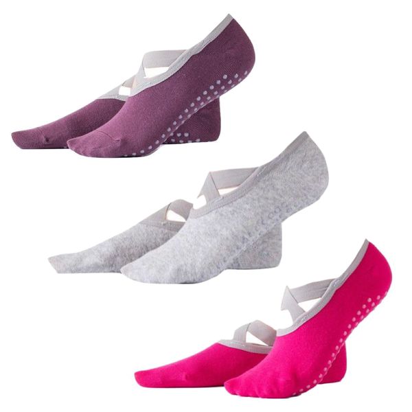 Sport Yoga Sock Pairs Grey, Pink and Purple Strap - Set Of 3