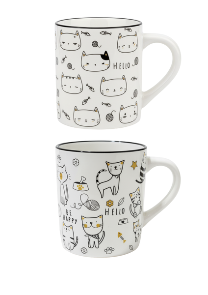 2 Pack White Cats Design Ceramic Coffee or Tea Cups Kitchenware