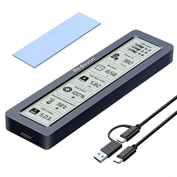 Redisson M.2 NVMe/SATA SSD Enclosure with Smart LCD Display (USB 3.2 Gen 2)