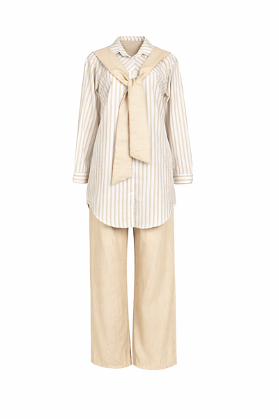 Cream 2 Piece Modest Striped Shirt and Wide Pants Set for Women