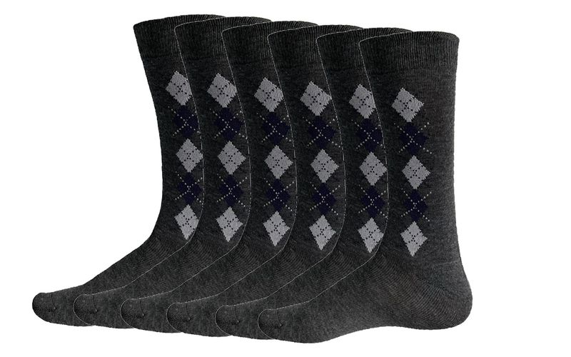 Mens Grey Diamond Premeium Quality Cotton Socks - 6 Pairs - One Size