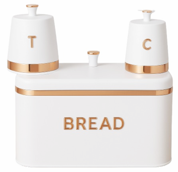 3-Piece White &amp; Rose Gold Bread Bin and Canister Set - Tea, Coffee &amp; Bread