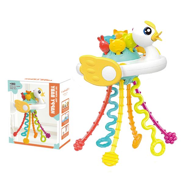 Baby Duck Grasp Toy - Duck Shaped Press Pull String Teething Sensory Toy