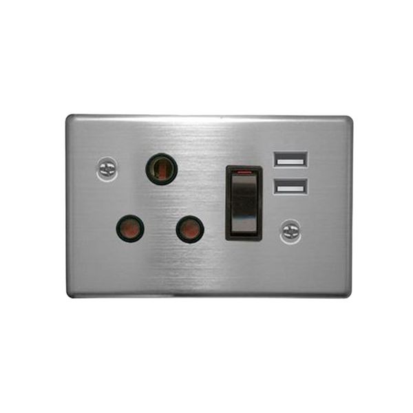 ACDC - 16a Switched Socket + Usb C/W Silver Steel Cover Plate
