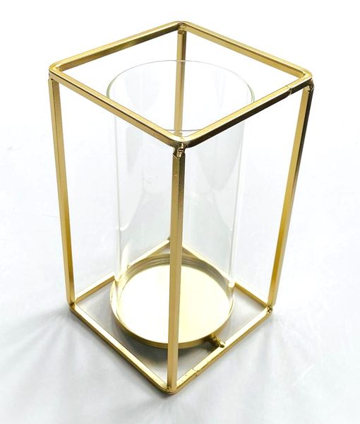 Glass Hurricane Geometric Candle Holder - Gold