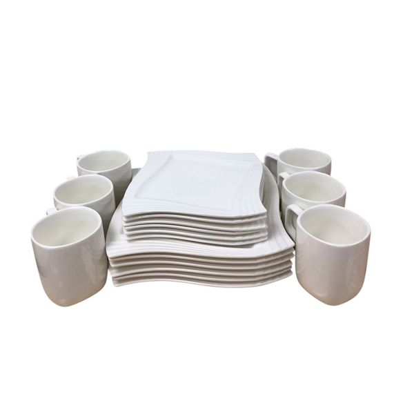 18-Piece White Wavy Square Ceramic Dinner Set.
