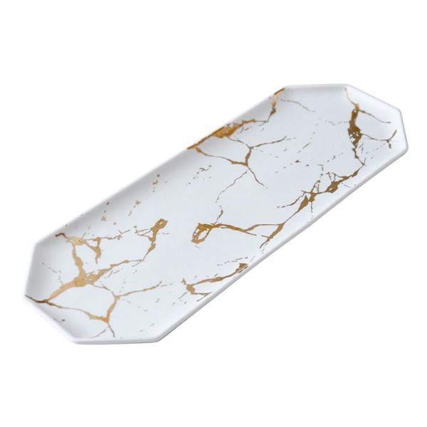 Luxury Matte Marble Octagonal Ceramic Plate - White and Gold