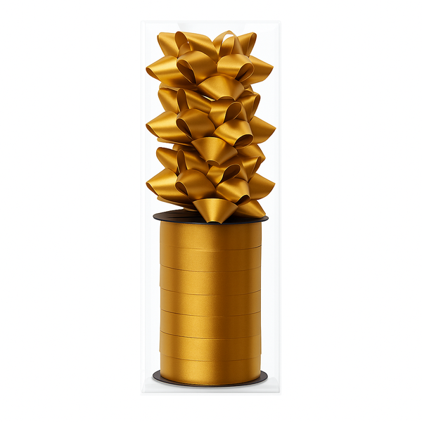 Gold Gift Ribbon &amp; Bow Set - 5m Poly Ribbon (10mm) + 4 Poly Star Bows (50mm