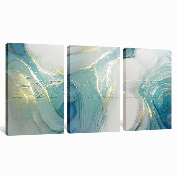 Canvas Art - 3 Piece Abstract Marble Turquoise Gold Fluid Canvas Wall Art