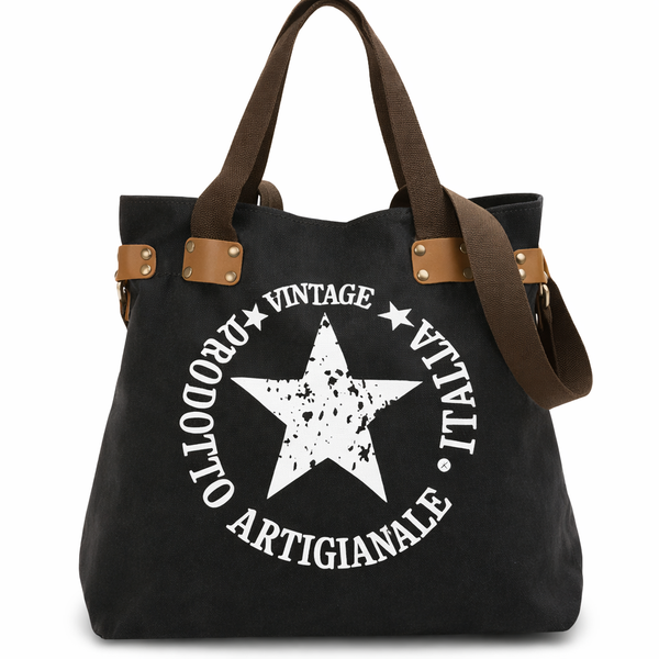 Vintage Star Canvas Shoulder Tote Bag - Casual Everyday Carry
