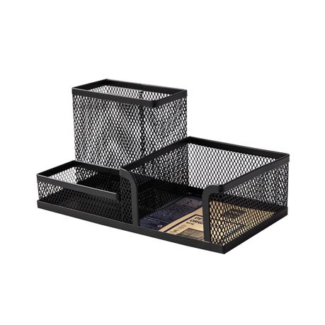 Deli 3-in-1 Wire Mesh Metal Cube, Clip & Pen Holder, 215×75×53mm Black Image