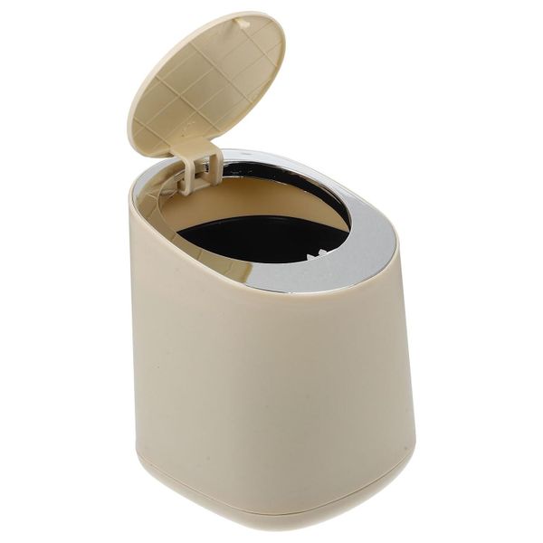Press-Type Mini Trash Can with Lid, Small Tabletop Waste Bucket in Cream