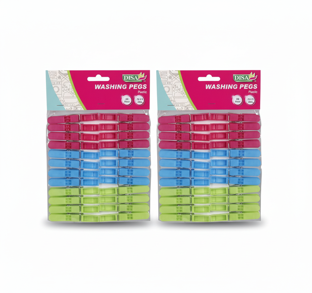 Disa 24 Piece 70mm Durable Plastic Washing Pegs - Assorted Colours - 2 Pack